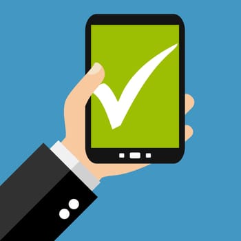 Business hand holding Smartphone: Completed, Accepted or Check