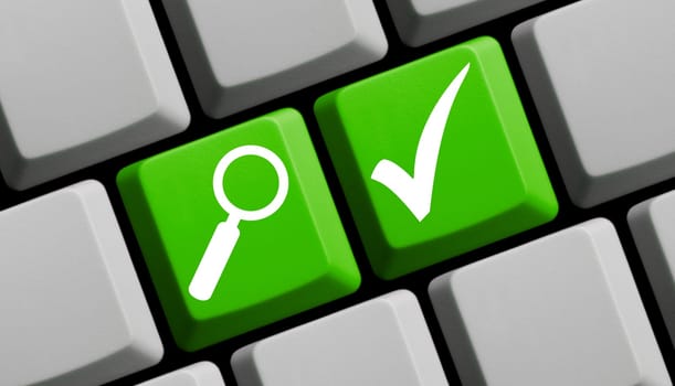 Online search - Green computer keyboard, magnify and checkmark - 3D illustration