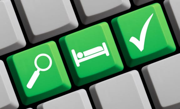 Find hotel room online - 3d illustration of green keyboard