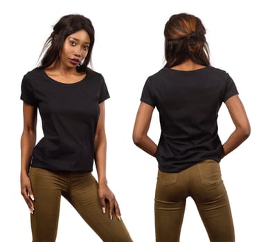 Photo of a young black woman posing with a blank black t-shirt ready for your artwork or design..