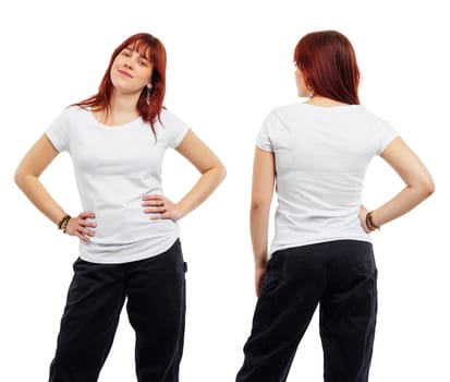 Young cute woman wearing a blank white shirt, front and back. Ready for your design or artwork..
