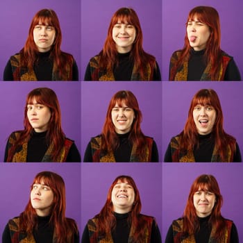 Portrait collage of girl with different facial expressions. Set of different pictures of emotional woman over purple background.