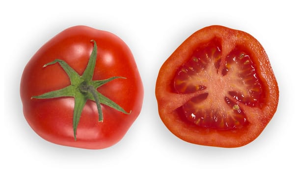 Tomato cut in half showing the top and middle over white background.