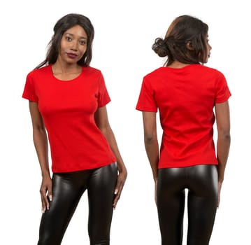 Photo of a young black woman posing with a blank red t-shirt ready for your artwork or design.