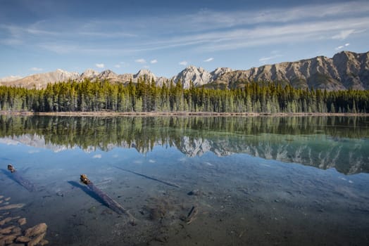 Scenic Calgary mountains peaks and lake