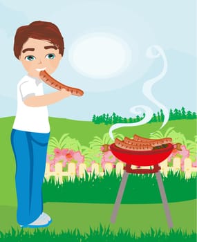 Boy eat sausage fried on the grill