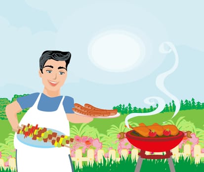 Man Cooking meat on Grill