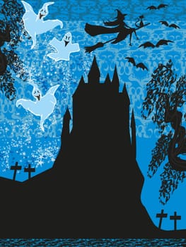 Witch flying on a broom in moonlight.
