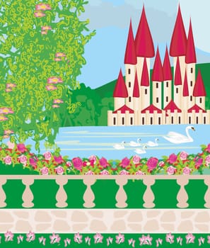 Landscape with a beautiful castle , gardens and swans .