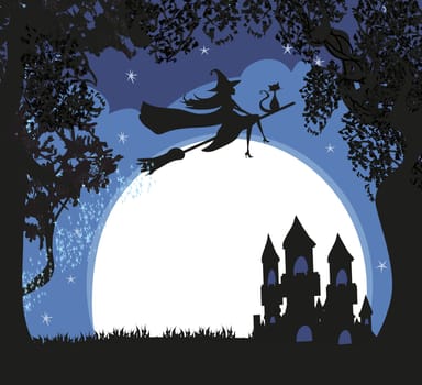 Witch flying on a broom in moonlight.