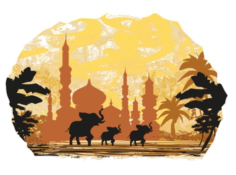India background,elephant , building and palm trees