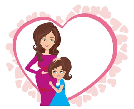 Happy kid girl hugging pregnant mother's belly - card
