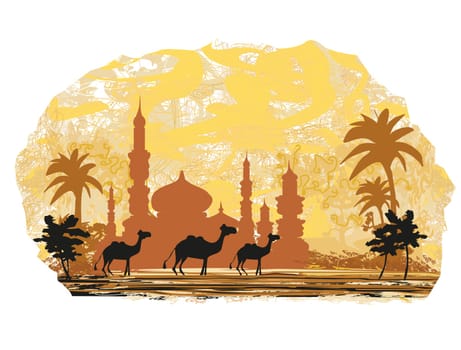 Camel trip with mosque background