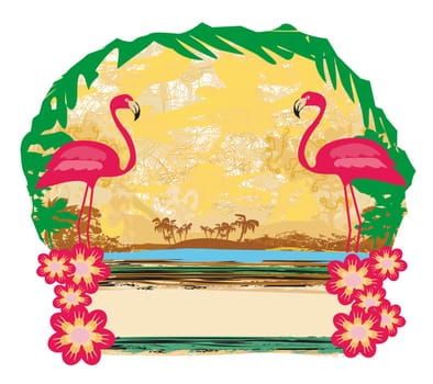 Abstract card with flamingos and nature