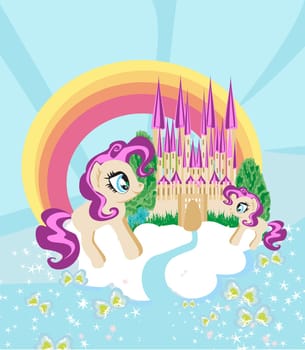 Cute unicorns and fairy-tale princess castle