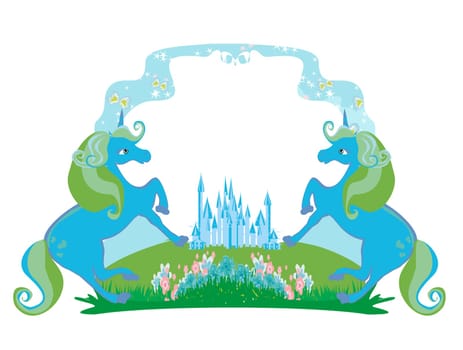 Fairytale frame with magic castle and unicorns