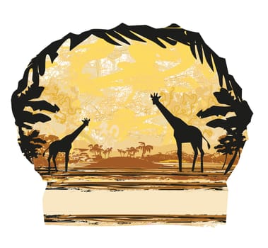 Grunge background with giraffe silhouette on abstract African fauna and flora