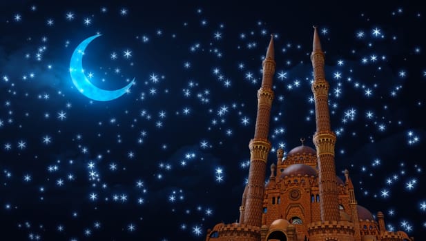 Mosque on the background of rising stars in the sky with the moon. 3D rendering.