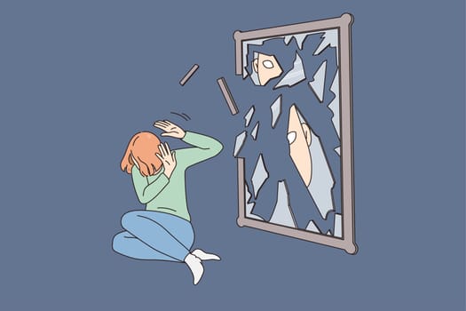 Unhappy young woman near broken mirror struggle with mental problem or depression. Upset girl suffer from psychological disorder or bullying. Inner conflict concept. Vector illustration.
