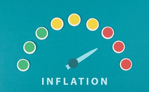 Inflation, financial crash, pointer of the speedometer indicates to the red part, economy development and increasing prices, high living costs