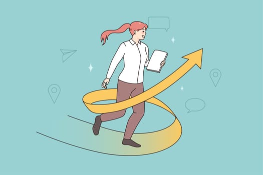 Motivated businesswoman run on arrow strive to business or career goal. Happy female employee or worker motivated for job opportunities. Business development and growth. Vector illustration.