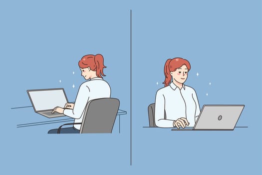 Smiling young female employee sit at desk work on computer. Woman worker use laptop for online job at workplace. Front and back view. Employment concept. Vector illustration.