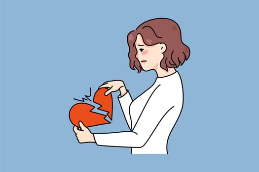 Unhappy woman hold breaking heart suffer from relationship breakup or separation. Upset distressed girl struggle with split or divorce. Heartbroken person. Flat vector illustration.