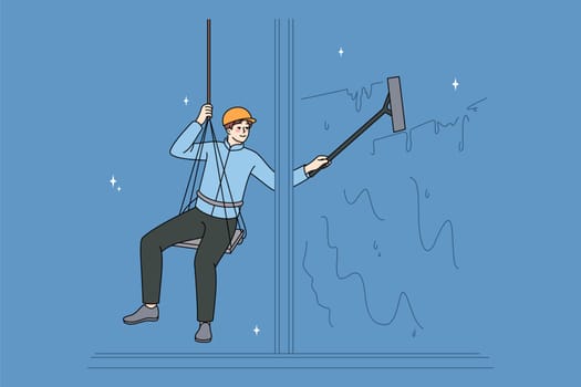 Male worker on safety ropes cleaning windows of office building. Man alpinist or industrial climber work on cables, climb onto surface. Occupation and profession. Vector illustration.