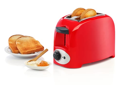 Toaster with bread on white background
