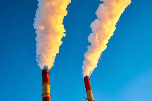 white smoke is coming out of the pipes in the blue sky. High quality photo