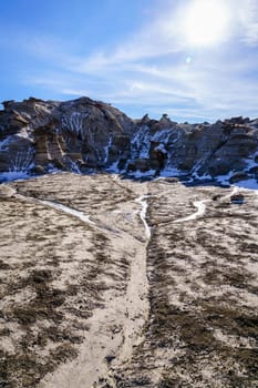Scenic view of Bisti De-Na-Zin Wilderness area in New Mexico in winter