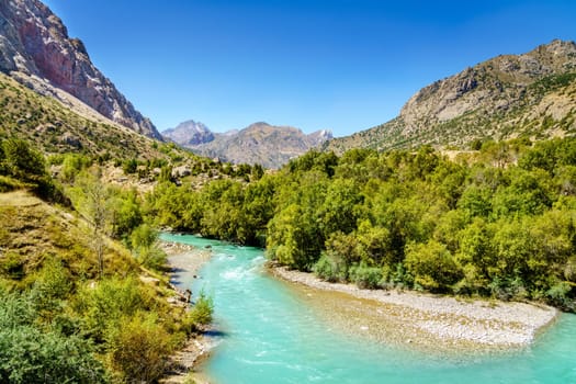 Beautiful mountain stream near Lake Iskander in Tajikistan