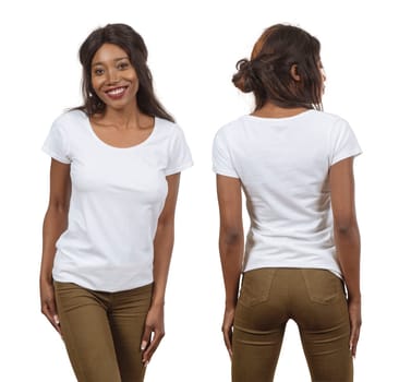 Young black woman posing with a blank white t-shirt ready for your artwork or design.