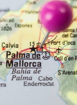 Pushpin marking on Palma de Majorca, Spain. Selective focus on city