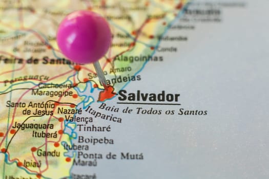 Pushpin marking on Salvador de Bahia, Brazil. Selective focus on city name