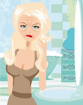 unhappy woman in front of a mirror looking at her wrinkles