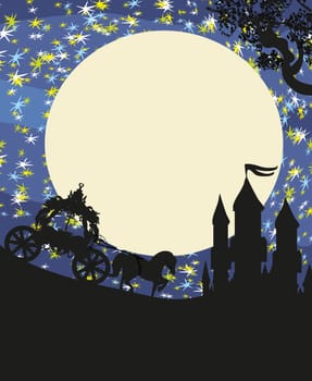 Silhouette of a horse carriage and a medieval castle