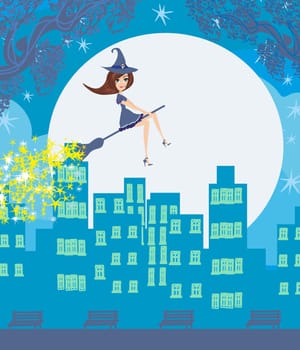 Witch flying over the city