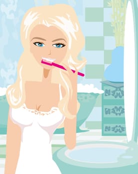 woman brushing her teeth in the bathroom