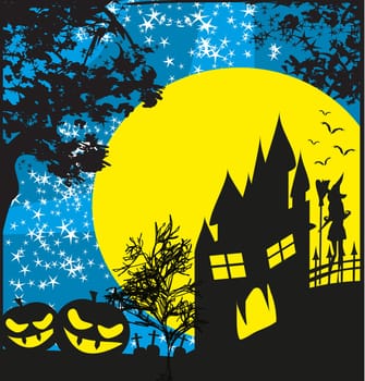 halloween invitation with haunted house, pumpkins and witch