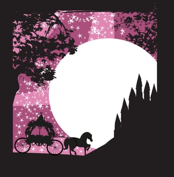 Silhouette of a horse carriage and a medieval castle