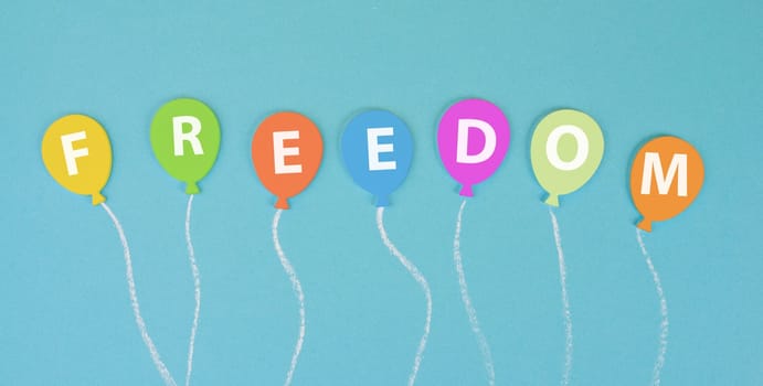The word freedom is standing on ballons, new normal, covid-19 regulations, changing lifestyle, free speech