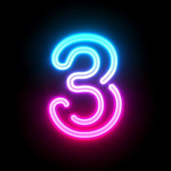 Blue pink glowing neon tube font Number 3 THREE 3D render illustration isolated on black background