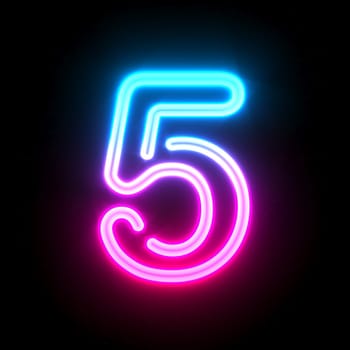 Blue pink glowing neon tube font Number 5 FIVE 3D render illustration isolated on black background