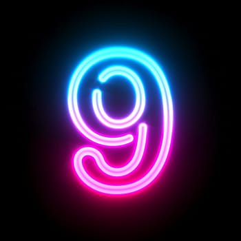 Blue pink glowing neon tube font Number 9 NINE 3D render illustration isolated on black background