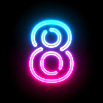 Blue pink glowing neon tube font Number 8 EIGHT 3D render illustration isolated on black background