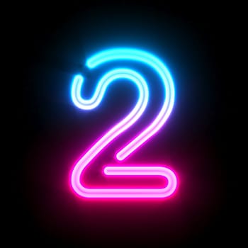 Blue pink glowing neon tube font Number 2 TWO 3D render illustration isolated on black background