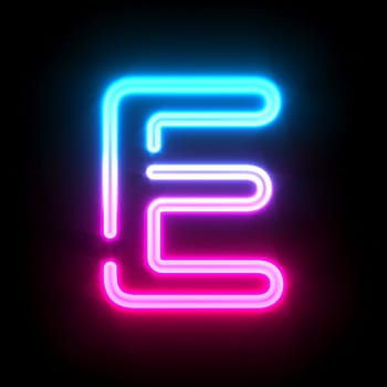 Blue pink glowing neon tube font Letter E 3D render illustration isolated on black background