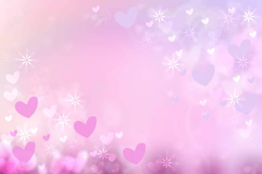 Valentines or mothers day card template. Abstract delicate romantic illustrated pink gradient blue background texture with pink and white bokeh hearts. Beautiful backdrop.