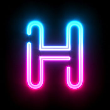 Blue pink glowing neon tube font Letter H 3D render illustration isolated on black background